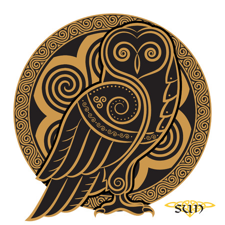 Owl hand-drawn in Celtic style, on the background of the Celtic moon ornament, isolated on white, vector illustrationのイラスト素材