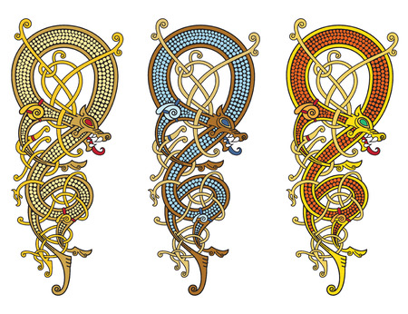 Celtic, Scandinavian vintage pattern is in the form of a twisted dragon, isolated on white, vector illustrationのイラスト素材