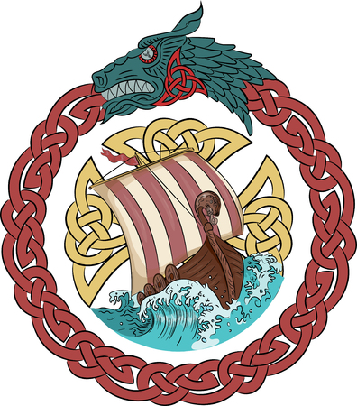 Drakkar sailing on the stormy sea in the frame of the Scandinavian wreath with a dragon's head, isolated on white, vector illustration, eps-10のイラスト素材