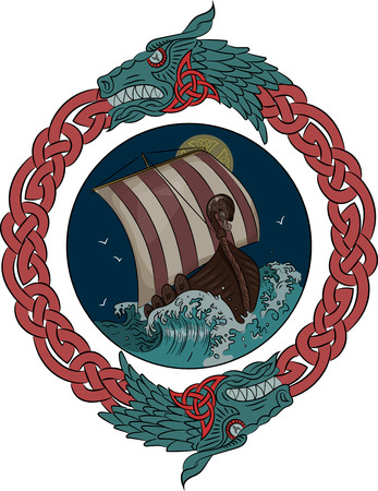 Drakkar sailing on the stormy sea in the night, in the frame of the Scandinavian wreath with a dragon's head, vector illustration, eps-10のイラスト素材