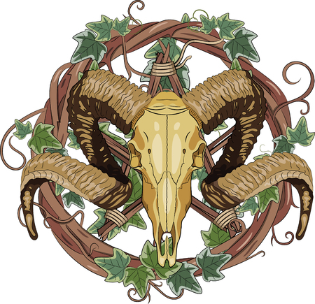 Aries bighorn skull and Inverted pentagram, vector illustration, eps-10のイラスト素材