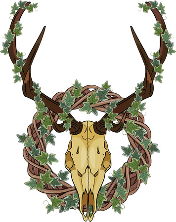 Deer skull and Rattan wreathのイラスト素材