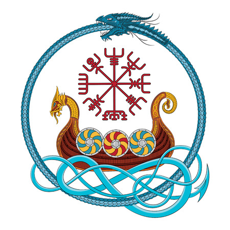 Viking Drakkar. Drakkar ship sailing on the stormy sea, vector illustration, isolated on whiteのイラスト素材