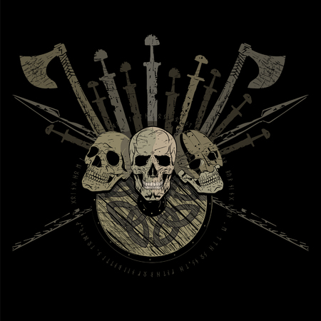 Ragnarok Viking design. Three skulls of Vikings, the shield of a Viking with runes, battle axes, swords and spearsのイラスト素材