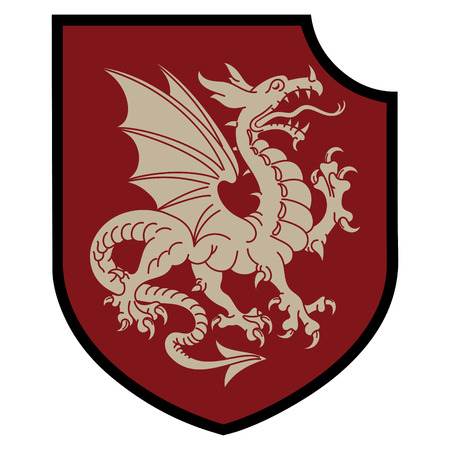 Winged heraldic dragon and heraldic shield, isolated on white, vector illustrationのイラスト素材