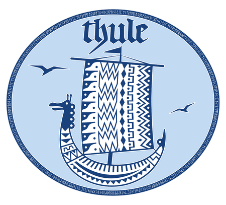 An ancient Scandinavian image of a Viking ship decorated with an ancient pattern with a dragon head, Old Norse runes and the inscription Thule - the legendary islandのイラスト素材