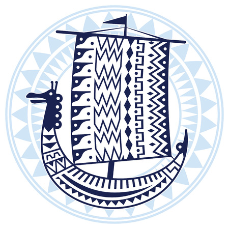 An ancient Scandinavian image of a Viking ship decorated with an ancient pattern with a dragon headのイラスト素材