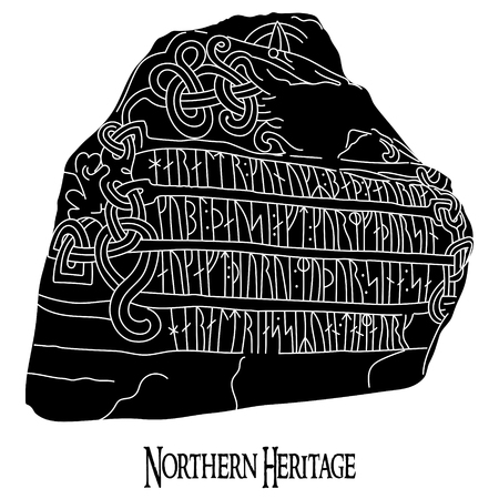 Ancient runestone with engraved Scandinavian pattern and runes, isolated on white, vector illustrationのイラスト素材