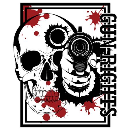 Design with firearms. Hand with gun, human skull, blood and bullet holesのイラスト素材