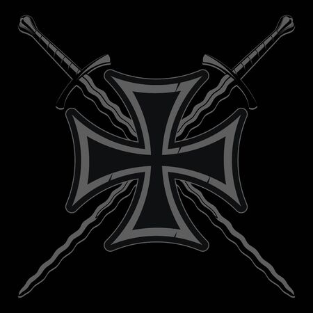 Iron cross and two medieval knight crossed Flame-bladed swordsのイラスト素材