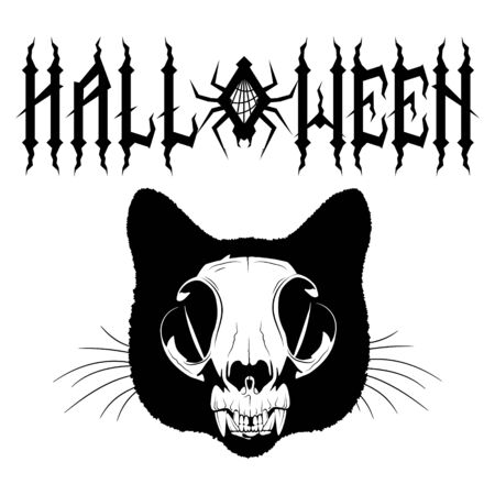 Gothic inscription Halloween with spider and cobweb. Cat skull. Samhain designのイラスト素材