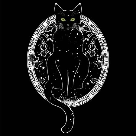 Black cat with green eyes on the background of the night starry sky and autumn oak branches. Black and white designのイラスト素材