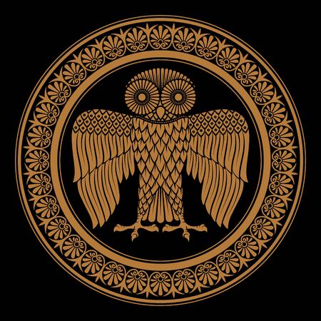 Ancient Greek shield with the image of an Owl and classical Greek floral ornament, vintage illustrationのイラスト素材