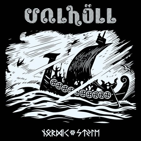 Warship of the Vikings. Drakkar, ancient scandinavian pattern and norse runesのイラスト素材
