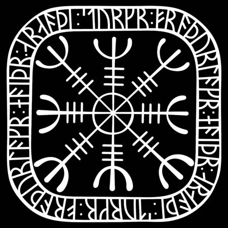Aegishjalmur, Helm of awe, helm of terror , Icelandic magical staves with scandinavian runes, isolated on black, vector illustrationのイラスト素材