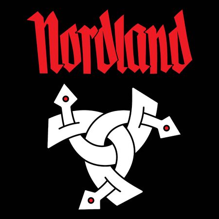 Viking Scandinavian design. Triple Horn of Odin and inscription with hand written Nordland letters, vector illustrationのイラスト素材