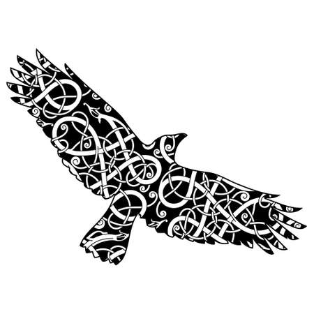 Flying Black Raven and ancient Scandinavian patternのイラスト素材
