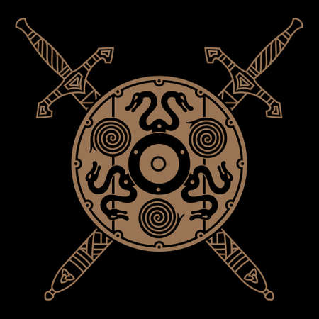 Old Norse, Viking design. Two crossed battle Viking swords, and viking shieldのイラスト素材