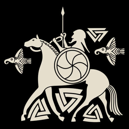 Ancient Scandinavian God Odin, God Odin on horse Sleipnir. Illustration of Norse mythologyのイラスト素材