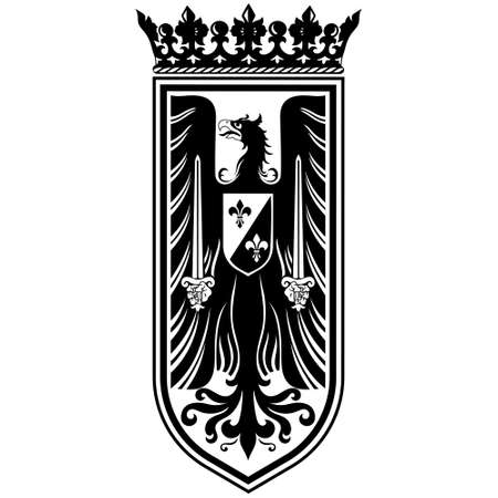 Knightly design. Medieval heraldic emblem design, heraldic eagle, and knights shieldのイラスト素材
