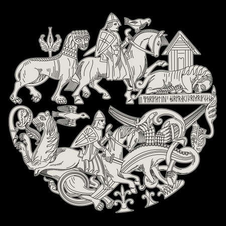 Scandinavian Viking design. Viking riders fight mythical animals - lions and dragonsのイラスト素材