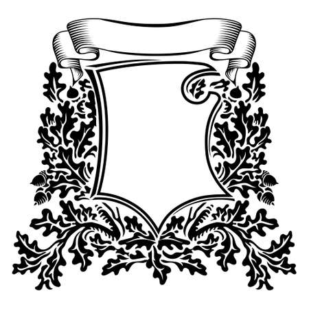Knightly design. Knight crusader shield with ribbon, oak branches and leavesのイラスト素材