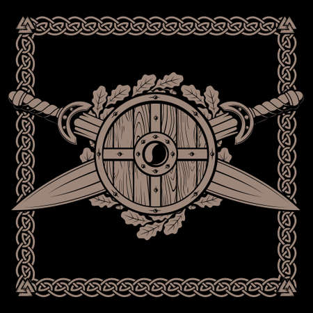 Celtic Scandinavian design. Warriors Shield, two crossed viking swords and a wreath of oak leavesのイラスト素材