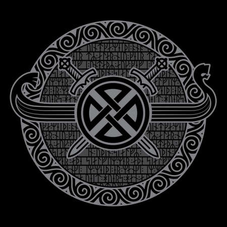 Celtic Scandinavian design. Old Norse Runic Alphabet Circle, Viking Ship, Shield and Crossed Swordsのイラスト素材