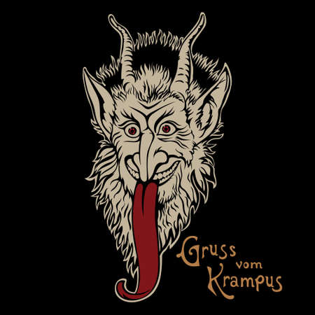 Christmas illustration, postcard. Krampus Central European folklore character. Krampus Christmas Horned Demonのイラスト素材