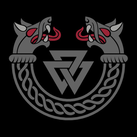 Design in Old Norse style. Viking bracelet with wolf headsのイラスト素材