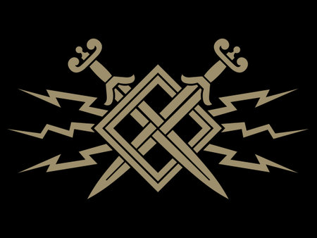 Scandinavian Viking design. Two crossed battle Viking swordsのイラスト素材