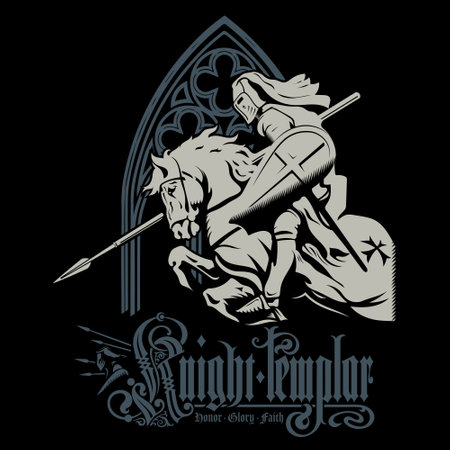 Medieval Knightly Design. Knight Crusader on a war horse with shield and spearのイラスト素材