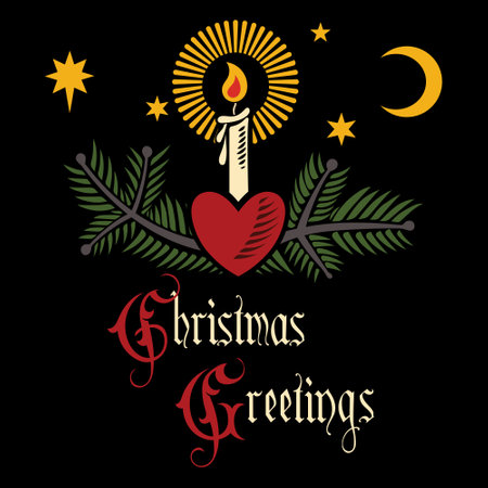 New Year postcard design. Retro style illustration with spruce branches, candles, heart, stars and vintage gothic lettering Christmas greetingsのイラスト素材