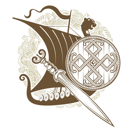 Ancient Scandinavian design. Viking ship Drakkar, sword, shield and Old Norse patternのイラスト素材