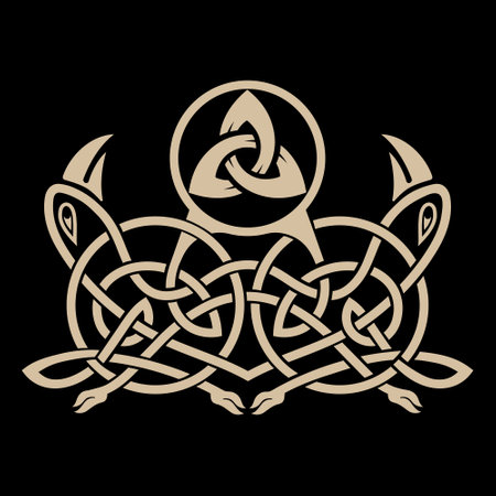 Ancient Celtic, Scandinavian ornament with ravens heads, drawn in vintage retro styleのイラスト素材