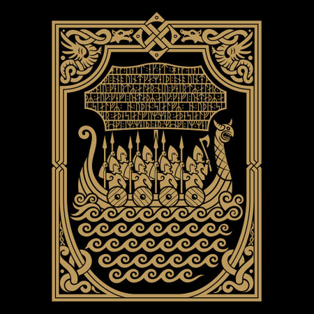 Scandinavian Viking design. Viking warship Drakkar with berserk warriors, drawn in ancient Celtic Scandinavian style and runic symbolsのイラスト素材