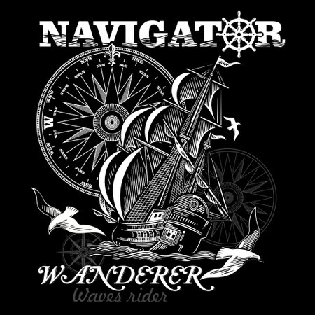 Marine-inspired design. A sailboat on loose sails in a stormy sea and soaring seagullsのイラスト素材