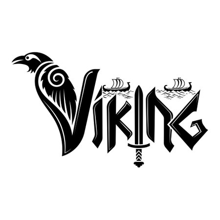 Old Scandinavian design. Vintage inscription - Viking, with Raven, hand-drawnのイラスト素材