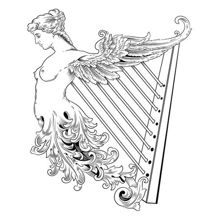 Irish design in vintage, retro style. Harp in the Celtic style with an ethnic ornament in the form of a female figure with wingsのイラスト素材