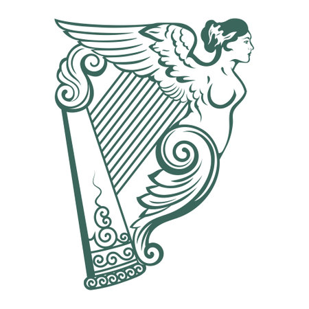 Irish design in vintage, retro style. Harp in the Celtic style with an ethnic ornament in the form of a female figure with wingsのイラスト素材