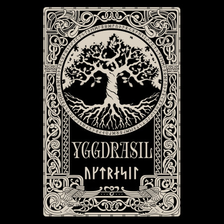 Viking design. World Tree from Scandinavian mythology - Yggdrasil and Celtic pattern, frame. Drawn in Old Norse Celtic styleのイラスト素材