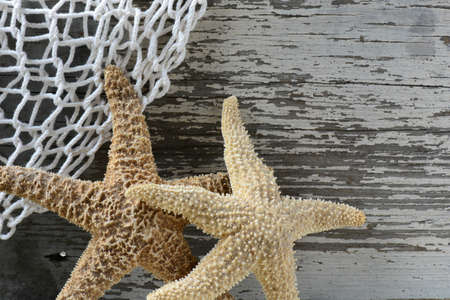 Sea Themed Background with Rustic Wood and  Fishing Netの写真素材