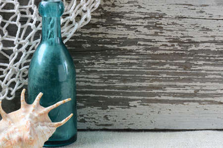 Sea Themed Background with Rustic Wood and  Fishing Netの写真素材