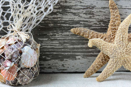 Sea Themed Background with Rustic Wood and  Fishing Netの写真素材