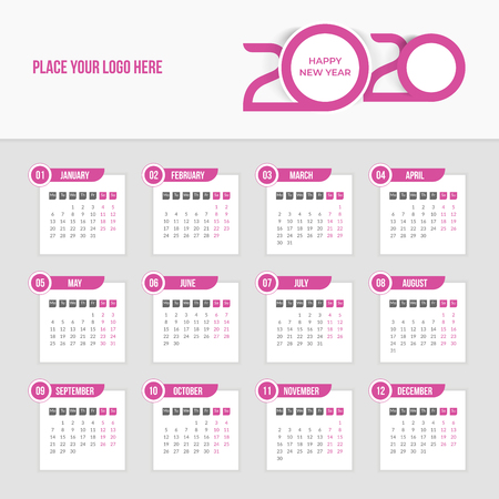 2020 Year Calendar - Week starts on Monday. Vector Design Templateのイラスト素材