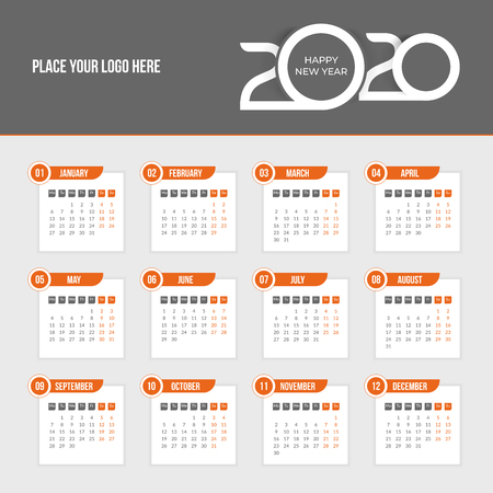 2020 Year Calendar - Week starts on Monday. Vector Design Templateのイラスト素材