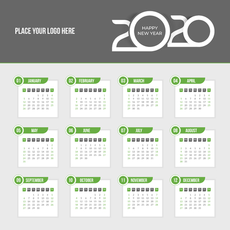 2020 Year Calendar - Week starts on Sunday. Vector Design Templateのイラスト素材