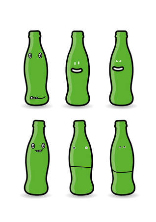 Six green bottle characters / cartoons with various expressionsのイラスト素材