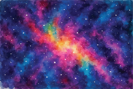 A vibrant and dreamy watercolor galaxy in vector format. Abstract outer space background with bright nebula, stars, and cosmic colors. Perfect for posters, backgrounds, invitations, and creative design projects.のイラスト素材