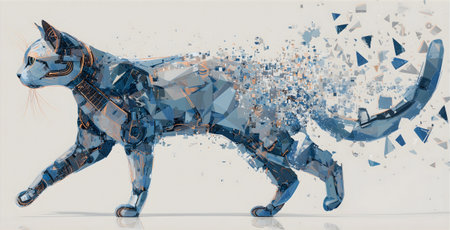 A polygonal robotic cat walking forward, constructed from angular metal parts and glowing circuits. Its tail is disintegrating into digital fragments, symbolizing a transformation from physical to virtual. This high-tech, futuristic creature blends organic feline form with artificial intelligence and cybernetic design. Perfect for themes of future technology, digital evolution, and sci-fi innovation.の素材